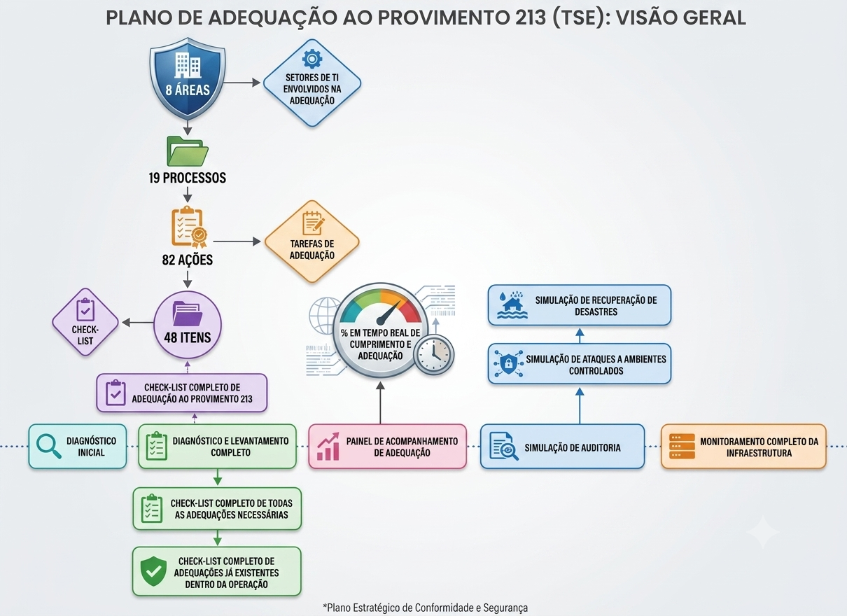 Fluxo da consultoria com diagnóstico inicial, levantamento completo, acompanhamento, simulação de auditoria e monitoramento de infraestrutura